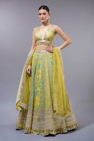 Gopi Vaid Yellow Cotton Silk Classic Lehenga Set 