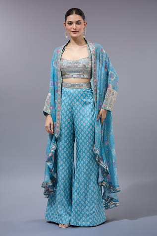 Gopi Vaid Blue Printed Cape Pant Set 
