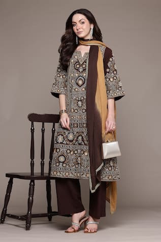 Ritu Kumar Brown Dharohar Kurta Set With Pant & Dupatta 