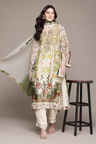 Ritu Kumar Off White Pierra Kurta Set With Pant & Dupatta 