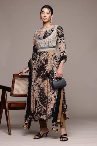 Ritu Kumar Black Dewey Kurta Set With Leggings & Dupatta 