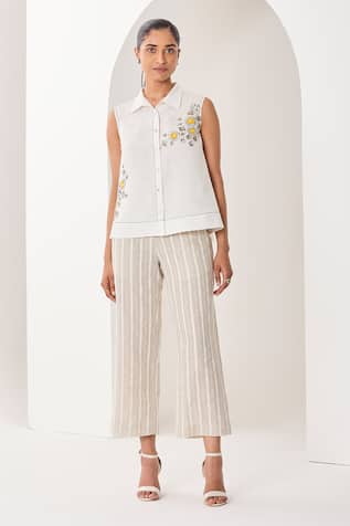 Sue Mue Floral Embroidered Linen Shirt & Pant Set 