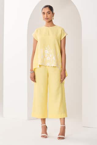 Sue Mue Linen Floral Motif Top & Pant Set 