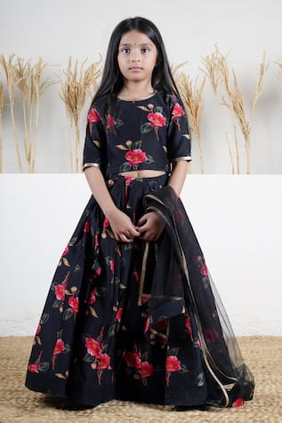 Mamma Plz Black Floral Handwoven Lehenga Set 