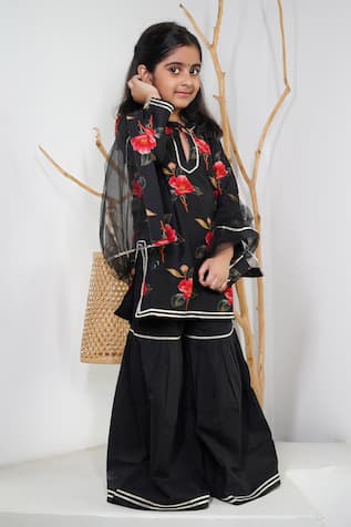 Mamma Plz Black Floral Chanderi Sharara Set 