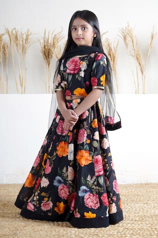 Mamma Plz Black Floral Hand Block Print Lehenga Set 