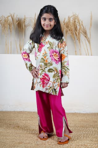 Mamma Plz Floral Print Kurta & Hot Pink Pant Set 