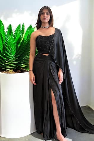 Label Lila Black Crepe Pre-drape Saree Set 