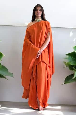 Label Lila Orange Crepe Draped Skirt & Top Set 