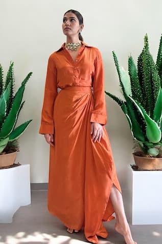 Label Lila Orange Crepe Shirt & Skirt Set 