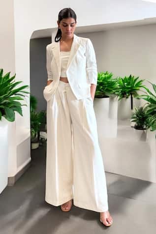 Label Lila White Organza Crepe Blazer Pant Set 