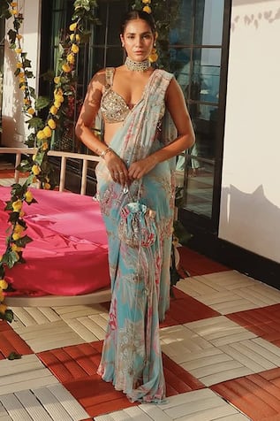 Mahima Mahajan Bloom Print Sequin Embellished Pre-Draped Saree 