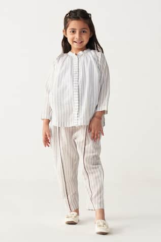 White Striped Gather Neck Shirt 