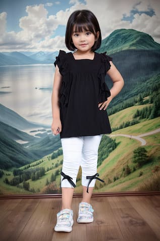 Petite Pomme Black Ruffled Top & White Leggings Set 