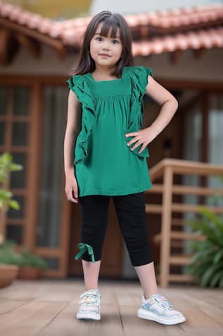 Petite Pomme Green Ruffled Top & Black Leggings Set 