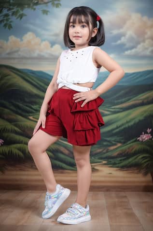 Petite Pomme Designer Offwhite Top & Rust Orange Shorts 