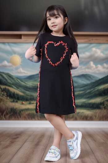 Petite Pomme Black Heart Embroidered Dress 