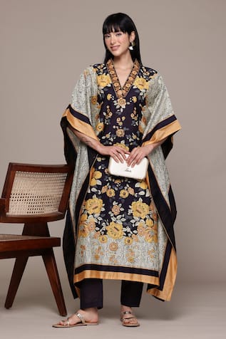 Ritu Kumar Black Mono Floral Kaftan With Pant Co-Ord Set 