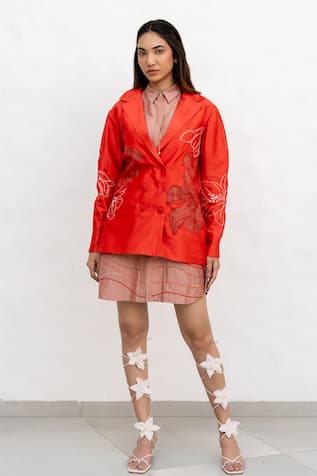 Chambray & CO. Red Chanderi Silk Hand Embroidered Dress Set 