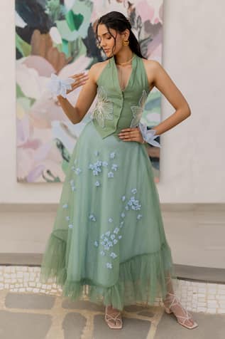 Chambray & CO. Sage Green Hand Embroidered Skirt Set 