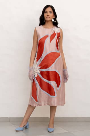 Chambray & CO. Peach & Red Floral Applique Dress 
