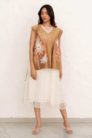 Chambray & CO. Ivory & Brown Chanderi Silk Dress Set 