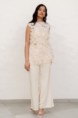 Chambray & CO. Ivory Handmade Flower Pant Set 