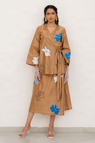 Chambray & CO. Brown Chanderi Silk Jacket & Skirt Set 