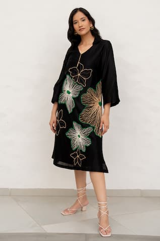 Chambray & CO. Black Chanderi Silk Hand Embroidered Dress 