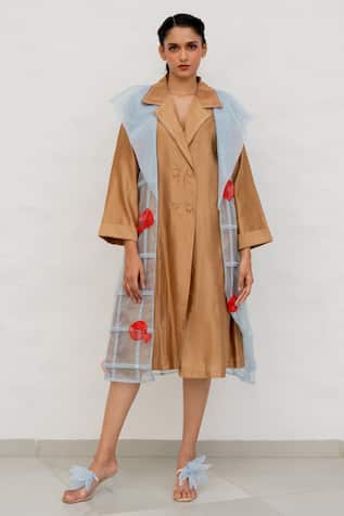 Chambray & CO. Brown & Powder Blue Chanderi Dress Set 