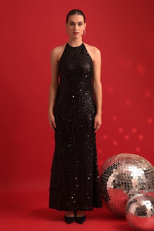 Dev And Viv Black Sequin Halter Neck Dress 
