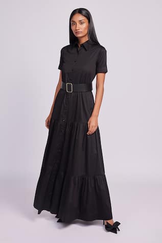Dev And Viv Black Cotton Maxi Dress with Belt 