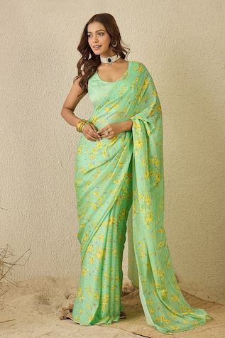 Label Nitika Floral Print Green Saree & Blouse Set 