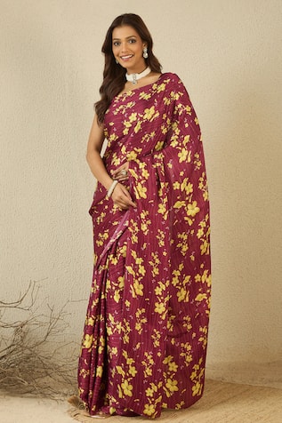 Label Nitika Maroon Satin Georgette Saree With Stitched Blouse 