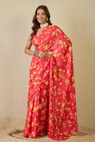 Label Nitika Fuschia Floral Satin Georgette Saree 