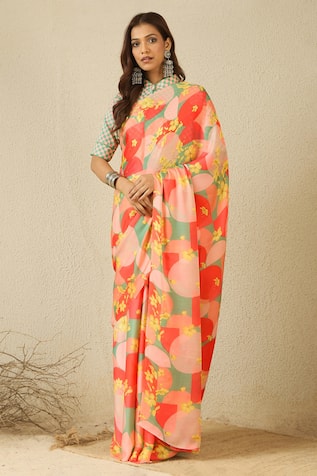 Label Nitika Floral Print Satin Georgette Saree Set 