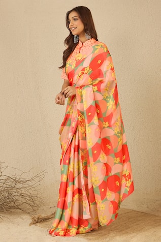 Label Nitika Orange Circle Print Saree & Stitched Blouse 