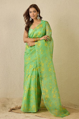 Label Nitika Teal Silk Organza Saree With Stitched Blouse 