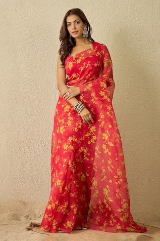 Label Nitika Floral Print Silk Organza Saree Set 