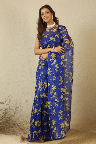 Label Nitika Royal Blue Silk Organza Saree With Stitched Blouse  