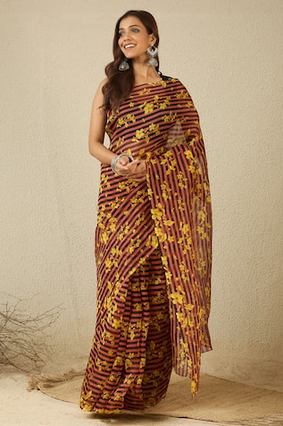 Label Nitika Black Coral Striped Saree With Stitched Blouse  