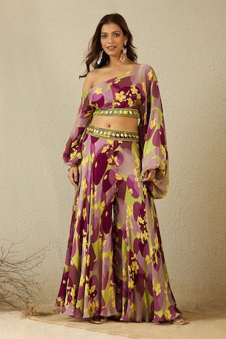 Label Nitika Purple Floral Printed Top & Palazzo Set 