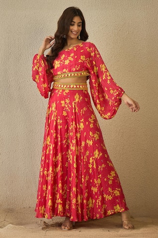 Label Nitika Floral Print Satin Georgette Set 