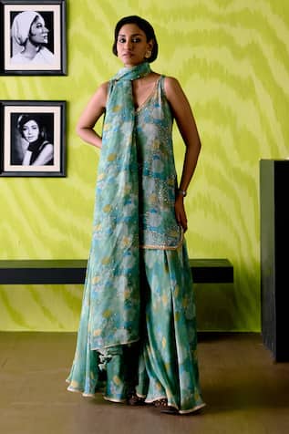 Deep Thee Floral Print Sage Green Sharara Set 