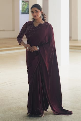 Pooja Bagaria Burgundy Satin Chantilly Saree 