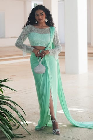 Pooja Bagaria Mint Green Draped Saree Set 