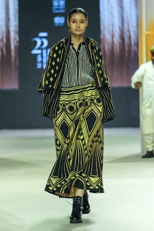 KA-Sha Black & Gold Printed Skirt 