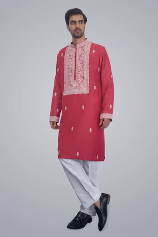Sanjev Marwaaha Red Cotton Silk Embroidered Kurta Set 