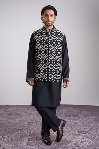 Sanjev Marwaaha Black Designer Kurta Set with Bundi 