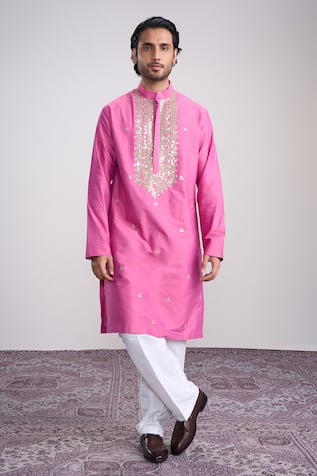 Sanjev Marwaaha Designer Pink Cotton Silk Kurta Set 